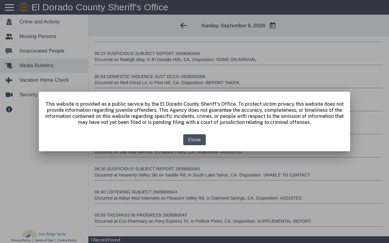 El Dorado County Sheriff Citizen RIMS media bulletins interface