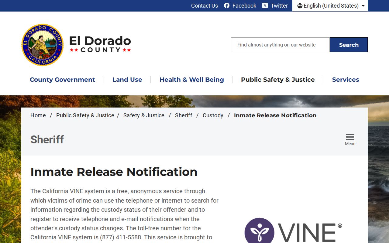 El Dorado County Sheriff inmate release information for California VINE