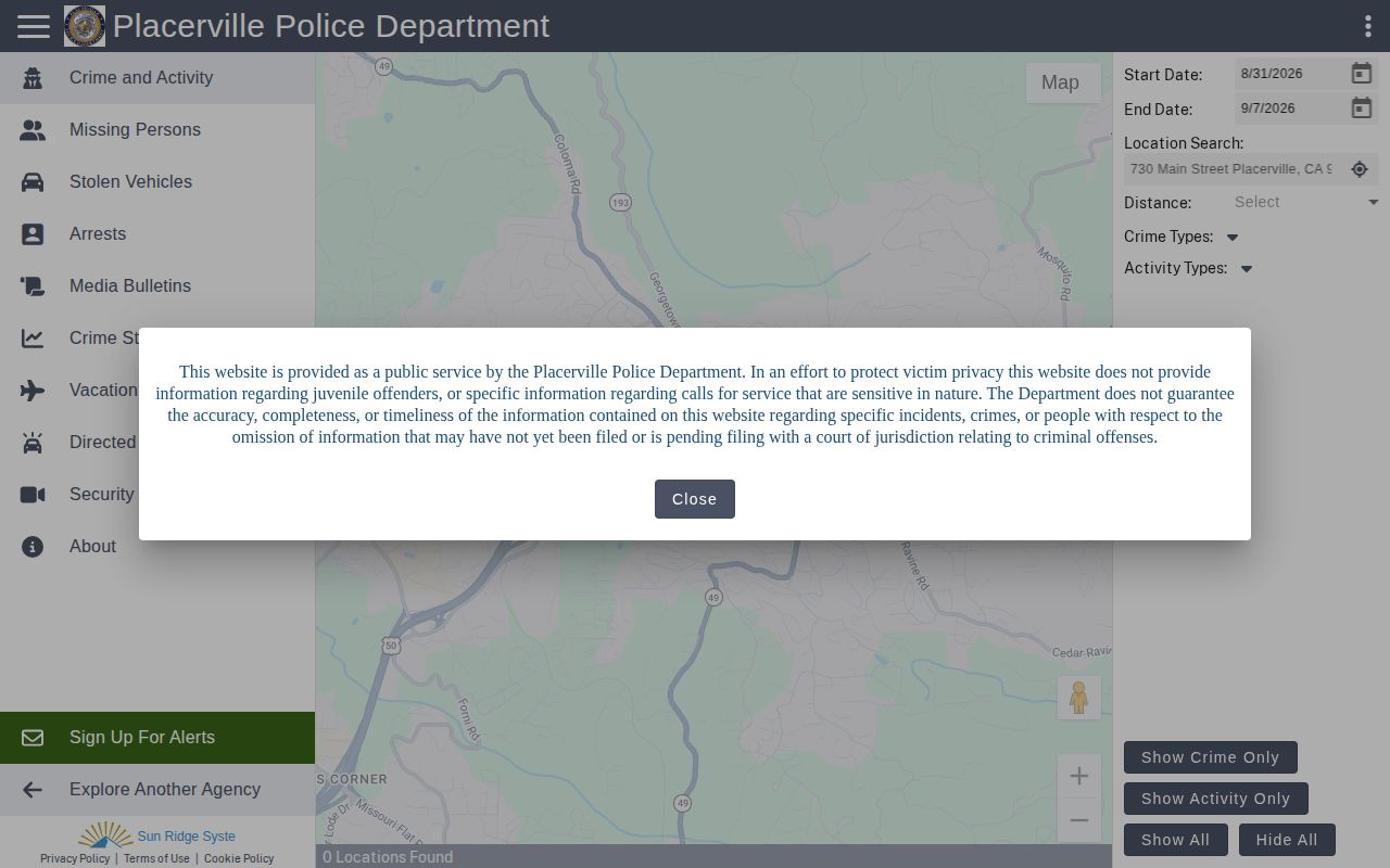 Placerville El Dorado County arrest log interface
