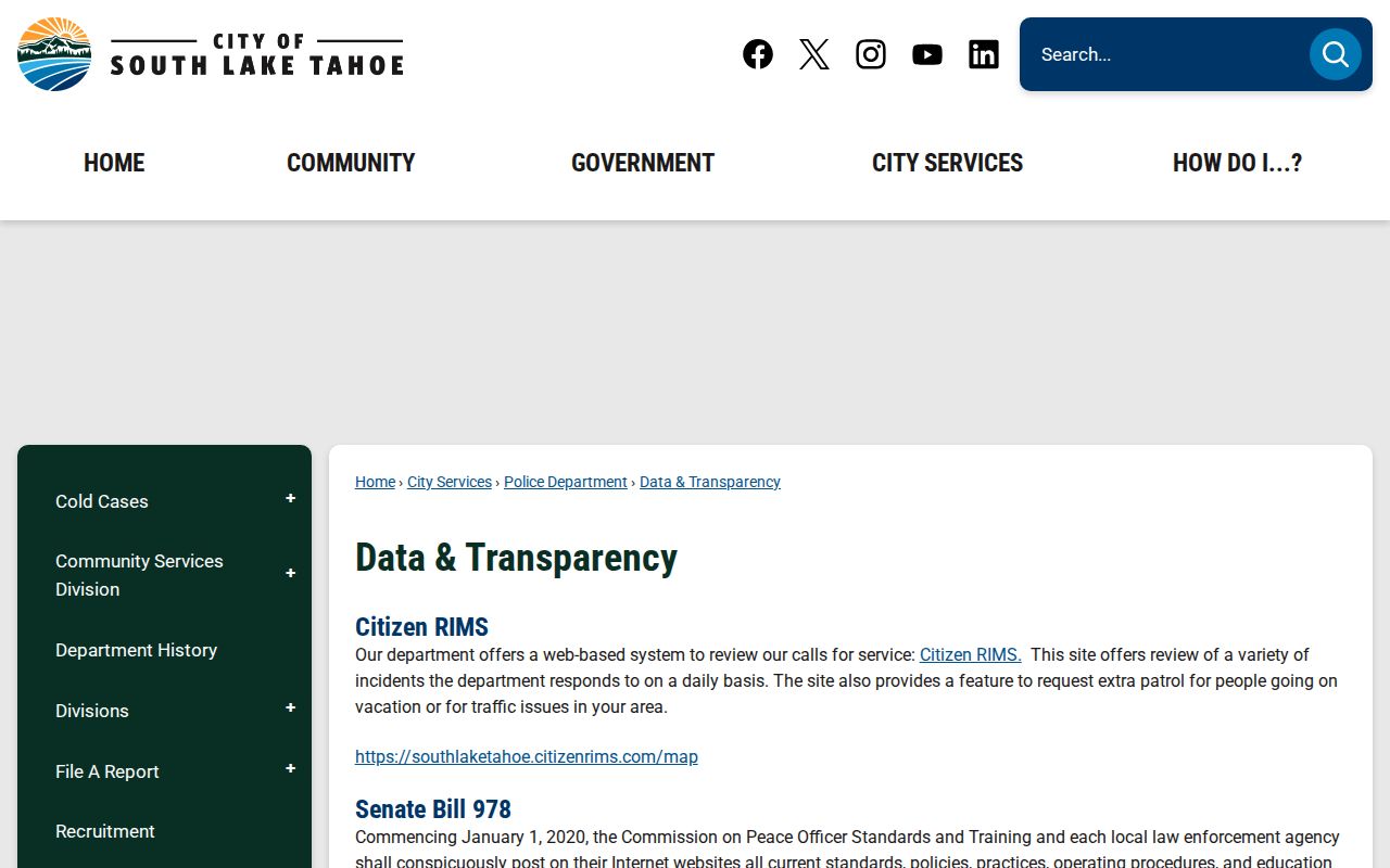 South Lake Tahoe Data Transparency page directing visitors to city public-safety data