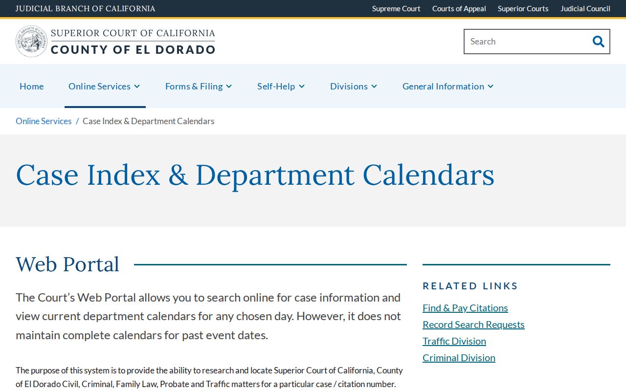 El Dorado Superior Court case index and calendars