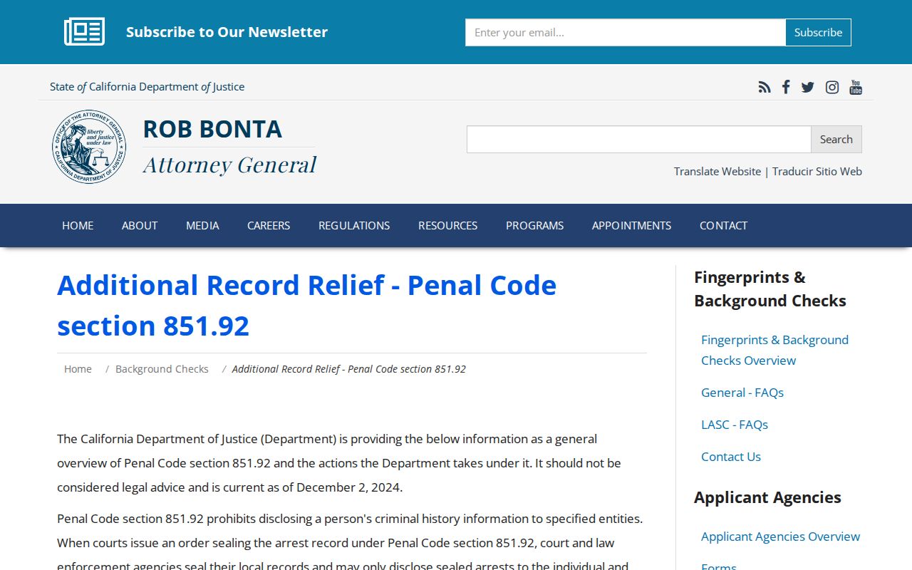 California Department of Justice arrest record relief information