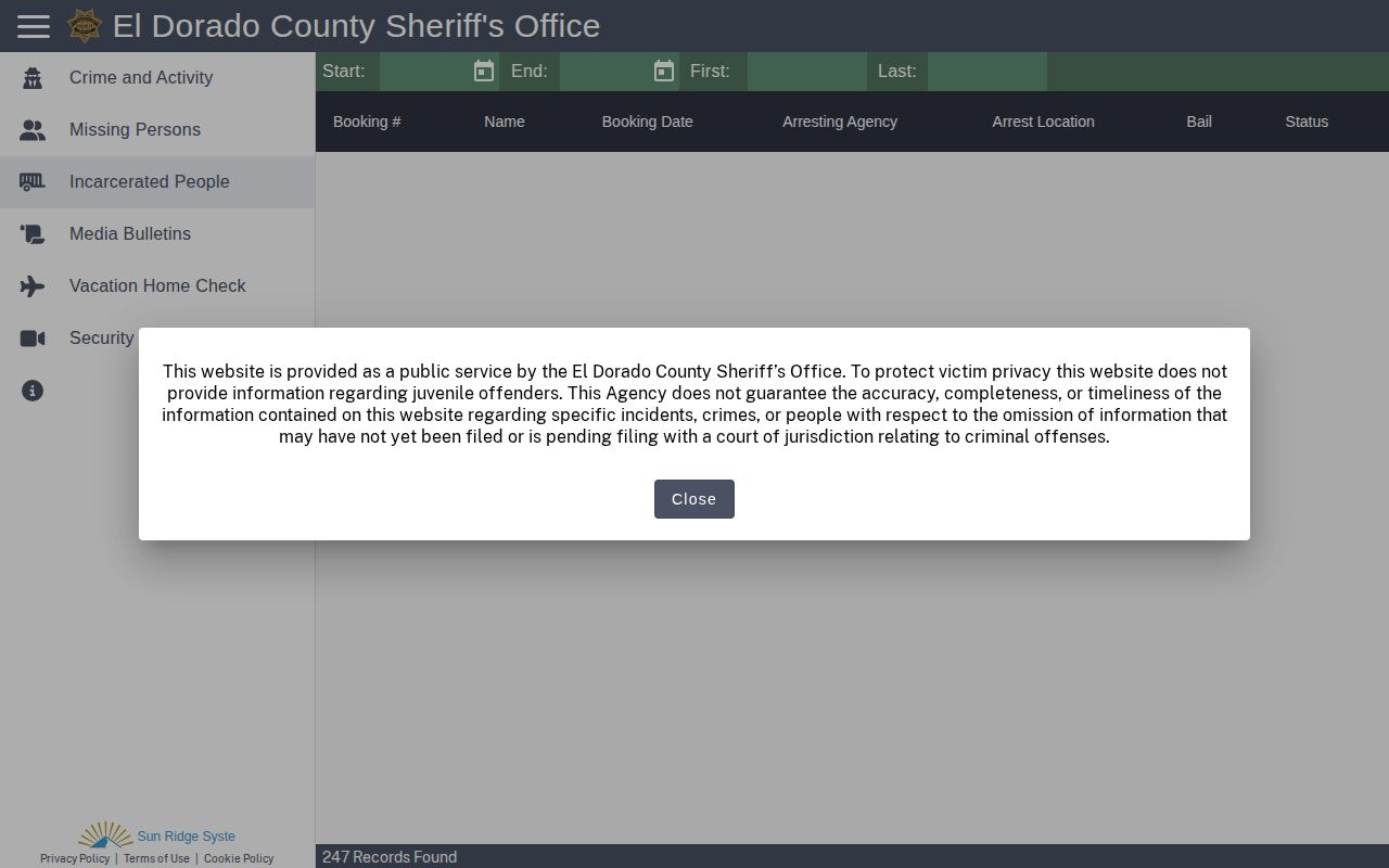 El Dorado County Citizen RIMS current incarcerated people search